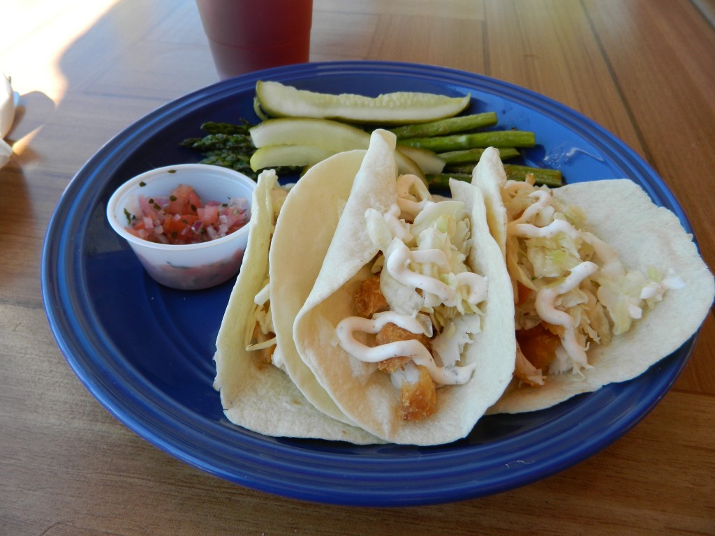 Fish tacos and asparagus. 