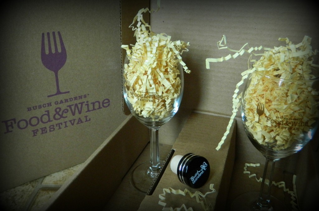 Busch Gardens' Food & Wine Festival wine glasses and bottle topper.